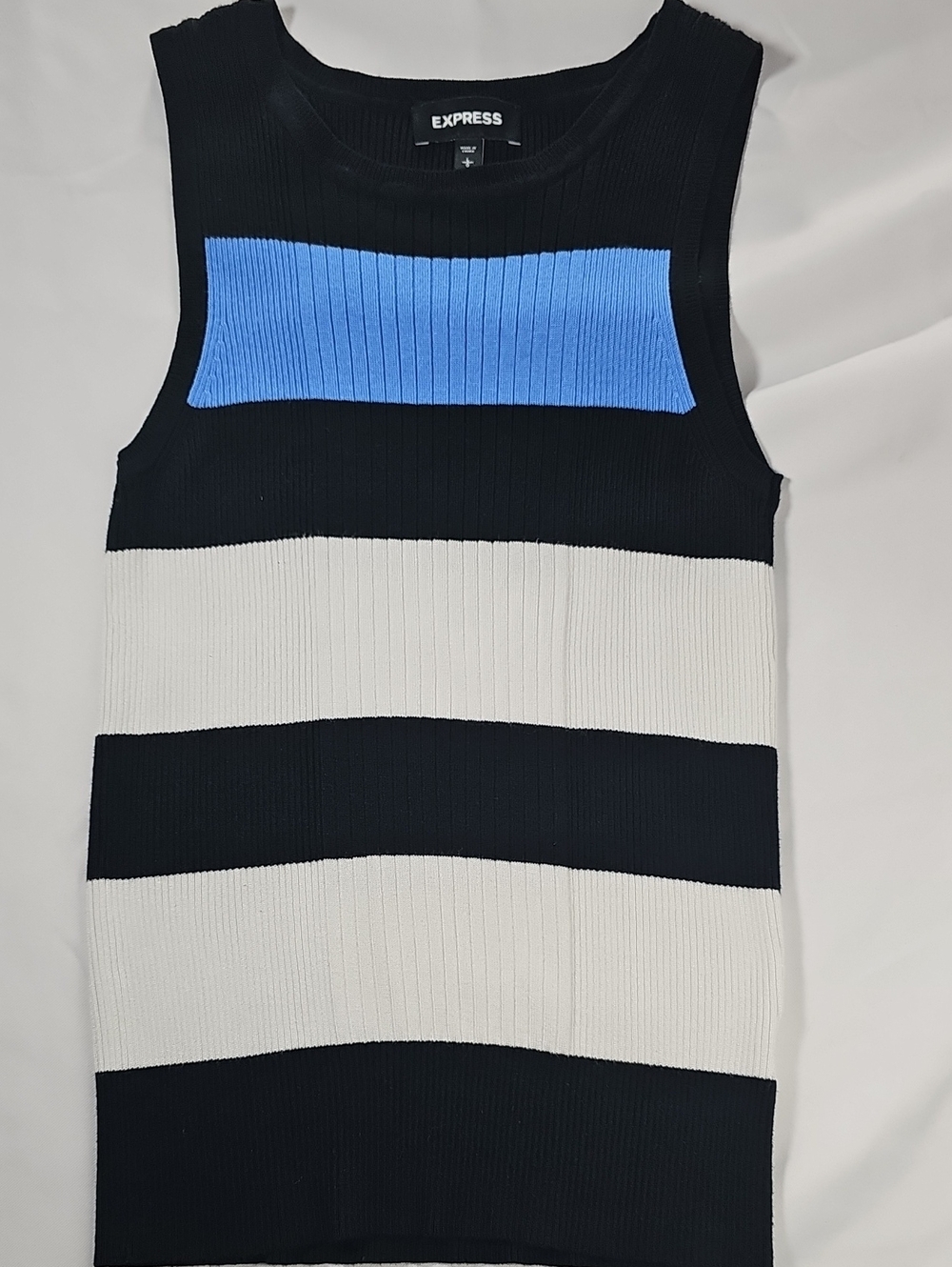 Express Ribbed Sleeveless Stripe Top - Black, White & Blue